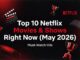 Thumbnail announcing 'Top 10 Netflix Movies & Shows Right Now (May 2026)' with clapperboard, trophies and Netflix logo in a dark backdrop.