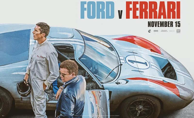 image | GotchaMovies Poster for Ford v Ferrari showing two men by a vintage racing car, ready for a race request.
