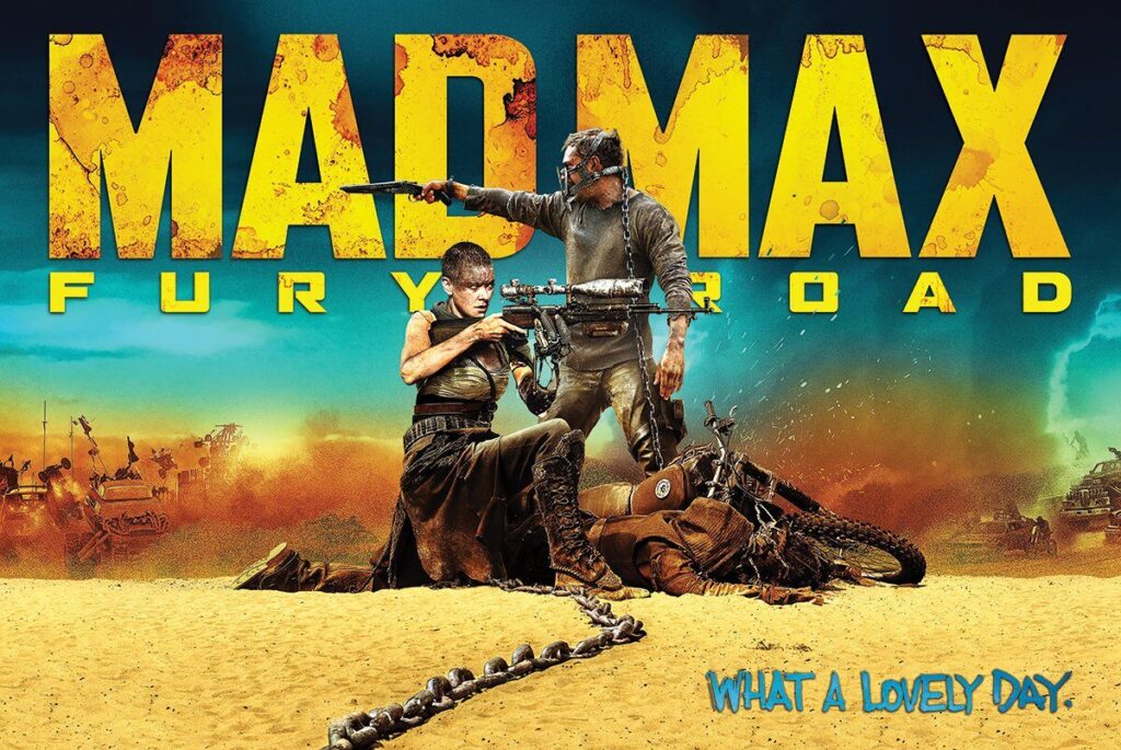 image | GotchaMovies Poster for Mad Max: Fury Road showing two fighters in a desert, with explosions and vehicles in the background.