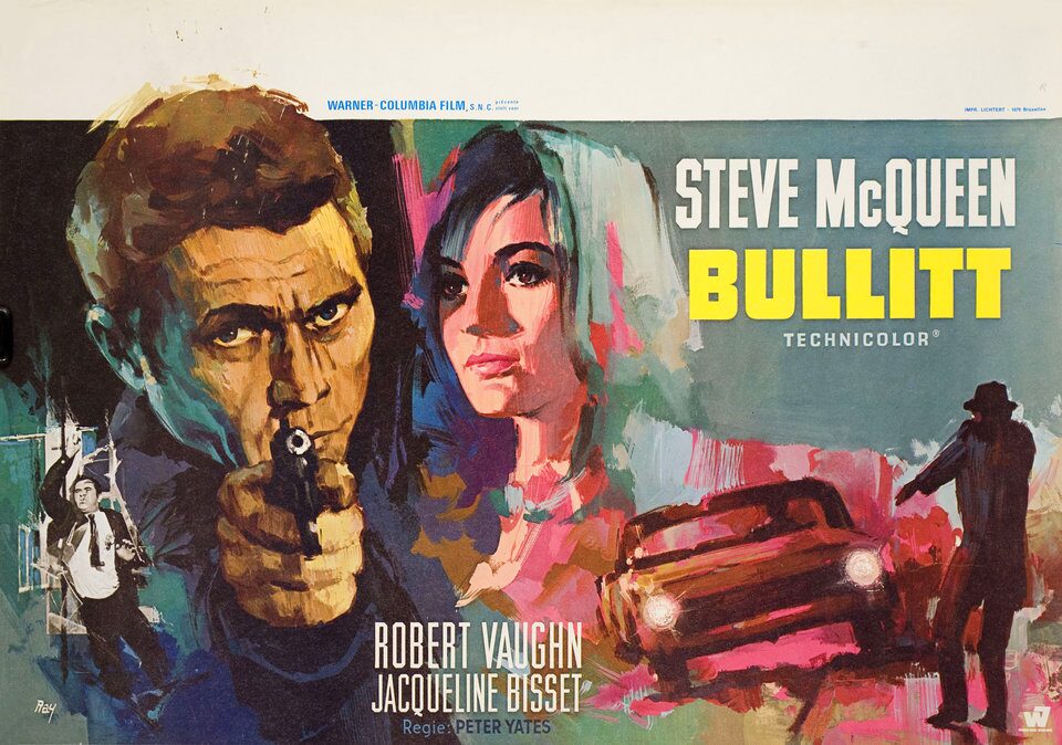 image | GotchaMovies Vintage movie poster for Bullitt featuring Steve McQueen aiming a gun with a woman beside him and a racing car in a colorful artwork layout