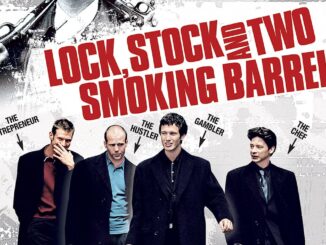 Poster for 'Lock, Stock and Two Smoking Barrels' showing four men in suits with a bold red title above them.