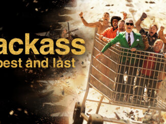 Bold gold title 'jackass best and last' on the left with a chaotic group of men riding a tilted shopping cart on the right.