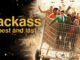 Bold gold title 'jackass best and last' on the left with a chaotic group of men riding a tilted shopping cart on the right.