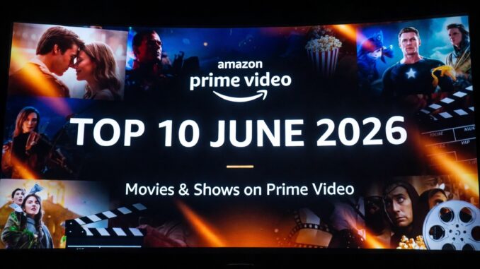 Poster-style graphic reading 'TOP 10 JUNE 2026' for Amazon Prime Video, with a collage of movie scenes and 'Movies & Shows on Prime Video' text.