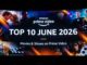 Poster-style graphic reading 'TOP 10 JUNE 2026' for Amazon Prime Video, with a collage of movie scenes and 'Movies & Shows on Prime Video' text.