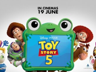 Toy Story 5 movie poster with Woody, Buzz Lightyear and friends around a green frame showing the title, 'In cinemas 19 June' above.