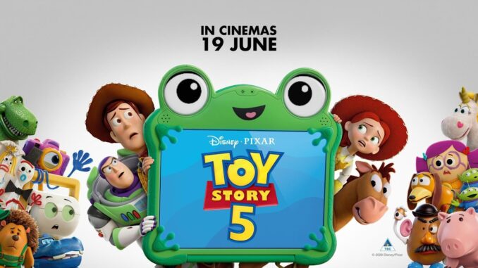Toy Story 5 movie poster with Woody, Buzz Lightyear and friends around a green frame showing the title, 'In cinemas 19 June' above.