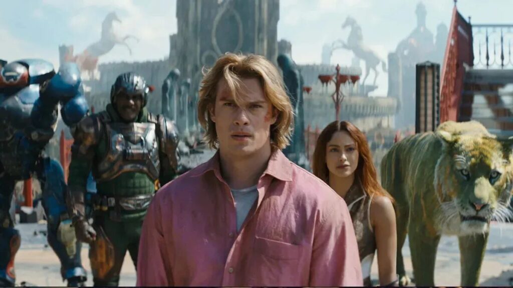 Front-and-center man in a pink shirt leads a diverse group—armored soldiers, a woman, and a tiger-like creature—in a futuristic city backdrop.