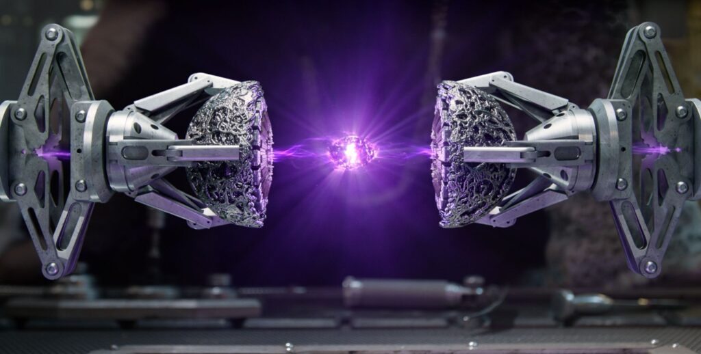Two metallic robotic arms face each other with a pulsing purple energy core between them.