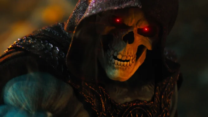 Skeleton in a dark hooded cloak with glowing red eyes, looming menacingly in shadows 11/2024 context-appropriate alt text