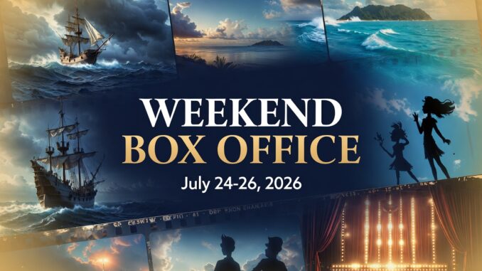 Poster collage for 'Weekend Box Office' with ships, silhouettes, and a theater stage; reads 'July 24-26, 2026'.
