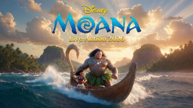 Poster for Disney's Moana: Live-Action 2026 featuring Maui and Moana on a wave-washed canoe at sunset.