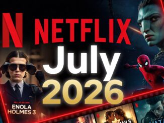 Netflix July 2026 collage featuring movie posters like Enola Holmes 3, Spider-Man, and sci‑fi titles in bold red and white typography, previewing new releases.