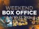 Poster announcing weekend box office for July 10–12, 2026, featuring Minions and Toy Story characters in a film-strip collage.