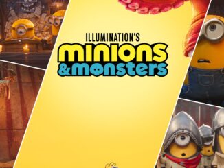 Collage banner for Illumination's Minions & Monsters, with Minions on the sides and a bright yellow center panel showing the title.