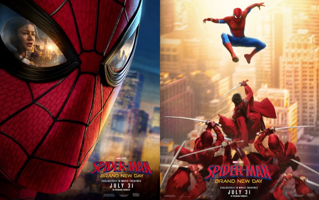image | GotchaMovies Split Spider-Man poster: left shows a close-up of his mask with a woman reflected in the lenses and a city backdrop; right shows Spider-Man leaping above red-clad foes amid a city skyline.