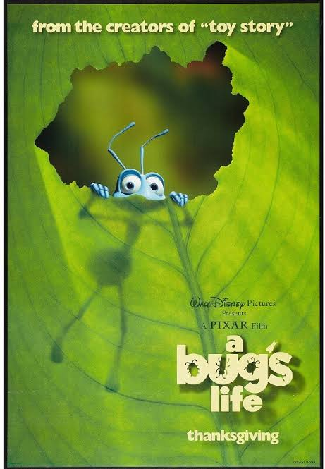 image | GotchaMovies Poster for Pixar's A Bug's Life with a blue bug peeking through a leaf hole, green background, and 'Thanksgiving' text.