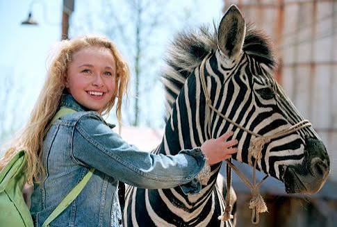 image | GotchaMovies Girl with a denim jacket pats a zebra at a petting zoo, smiling outdoors with a backpack nearby.