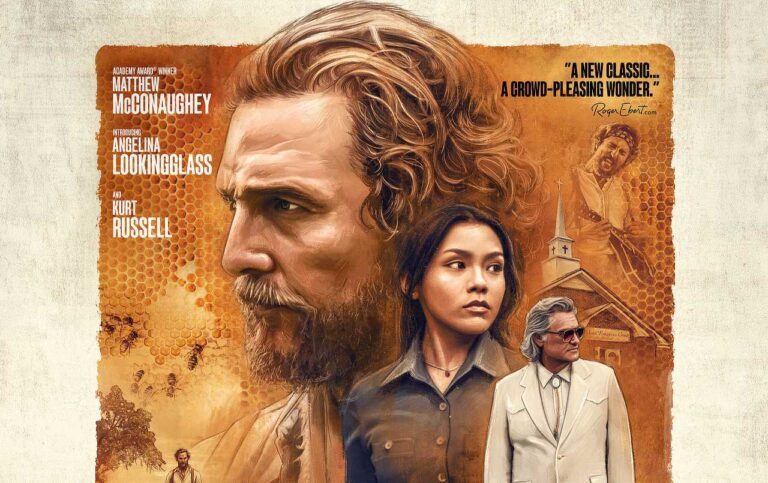 Movie poster with a large side-profile of a bearded man, a young woman in the foreground, and a suited older man against an orange honeycomb background and church steeple.