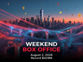 Poster announcing Weekend Box Office with a NYC skyline, red and blue light trails, and the text 'WEEKEND BOX OFFICE' 'August 2, 2026' 'Record $429M'.