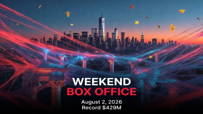 Poster announcing Weekend Box Office with a NYC skyline, red and blue light trails, and the text 'WEEKEND BOX OFFICE' 'August 2, 2026' 'Record $429M'.