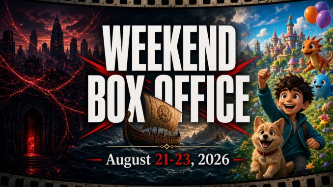Weekend box office poster with a split dark city left and colorful fantasy right, featuring a boy, dog, dragon, ship, and dates Aug 21–23, 2026.