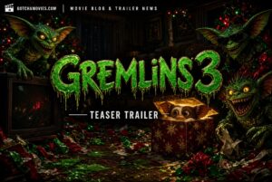 Promotional artwork for Gremlins 3 teaser trailer featuring glowing green title and mischievous gremlins around a holiday gift box.
