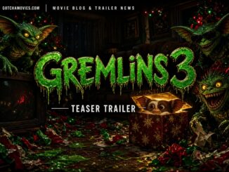 Promotional artwork for Gremlins 3 teaser trailer featuring glowing green title and mischievous gremlins around a holiday gift box.