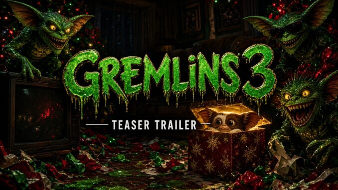 Promotional artwork for Gremlins 3 teaser trailer featuring glowing green title and mischievous gremlins around a holiday gift box.