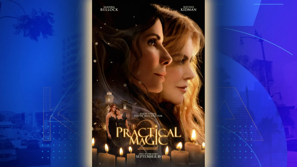 Poster for Practical Magic showing side profiles of Sandra Bullock and Nicole Kidman with candles and a dark town scene at the bottom (movie promo).
