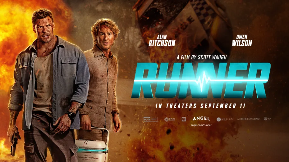 Movie poster for Runner: two men stand in front of a fiery explosion, with a glowing blue RUNNER title to the right.