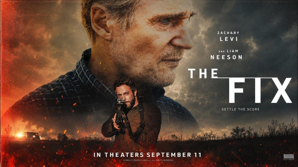 Poster for The Fix showing a rugged man with a rifle in the foreground and a large close-up of another man's face in the background, amid fire and smoke.
