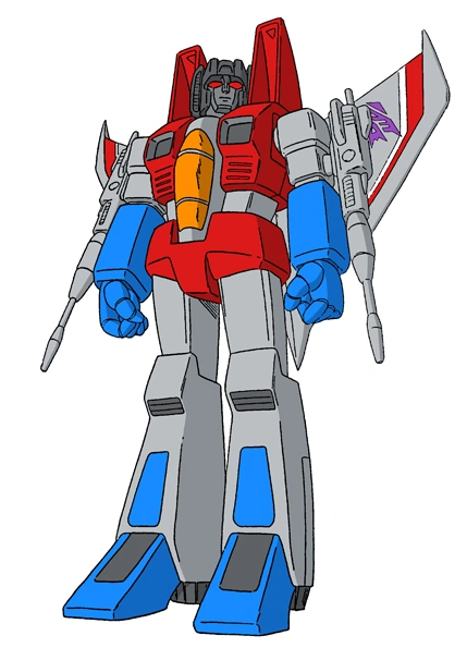 image | GotchaMovies Colorful Transformer-style robot figure standing upright with red torso, blue limbs, gray body, and orange chest piece, armed with blades on its sides.