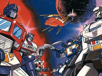Autobots clash in a space battle, facing off with guns drawn and a large space station behind them.