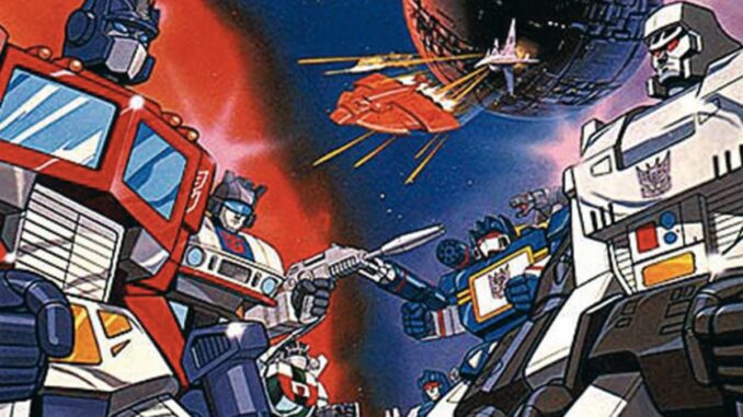 Autobots clash in a space battle, facing off with guns drawn and a large space station behind them.