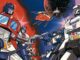 Autobots clash in a space battle, facing off with guns drawn and a large space station behind them.